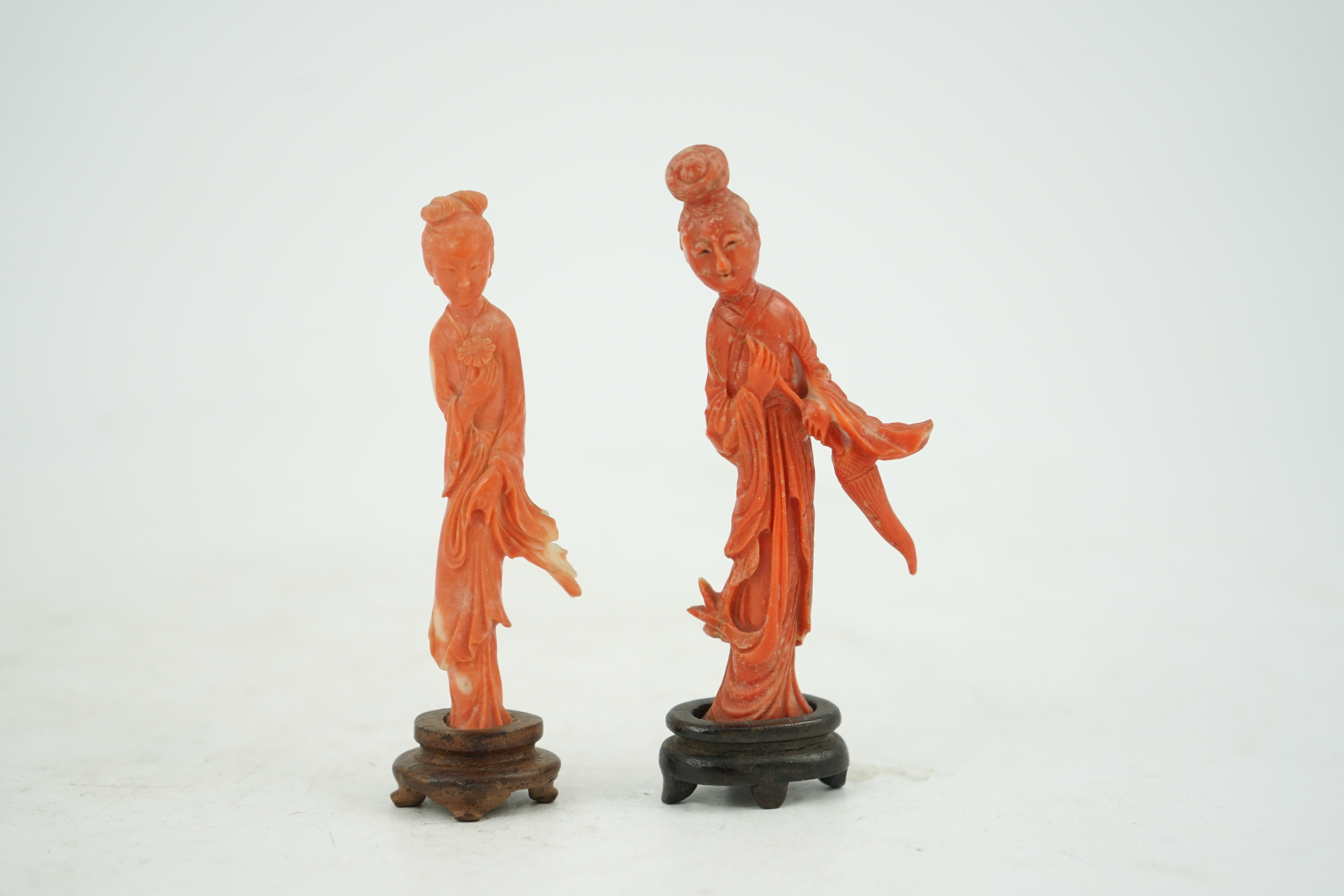 Two Chinese coral figures of ladies, early 20th century